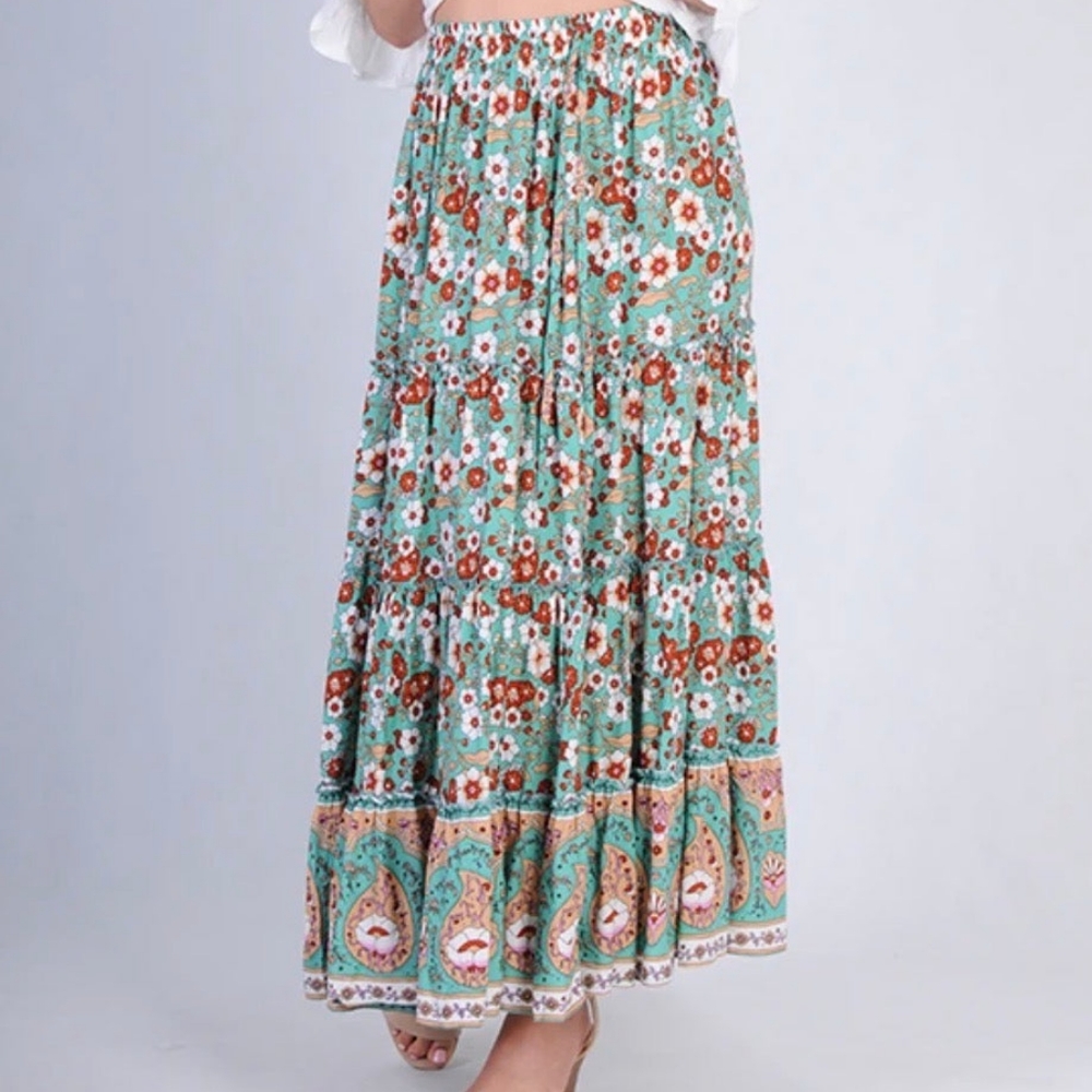 JAR OF HEARTS Boho Lover Aqua Turquoise Floral High Waisted Tiered Maxi Skirt - Picture 11 of 16